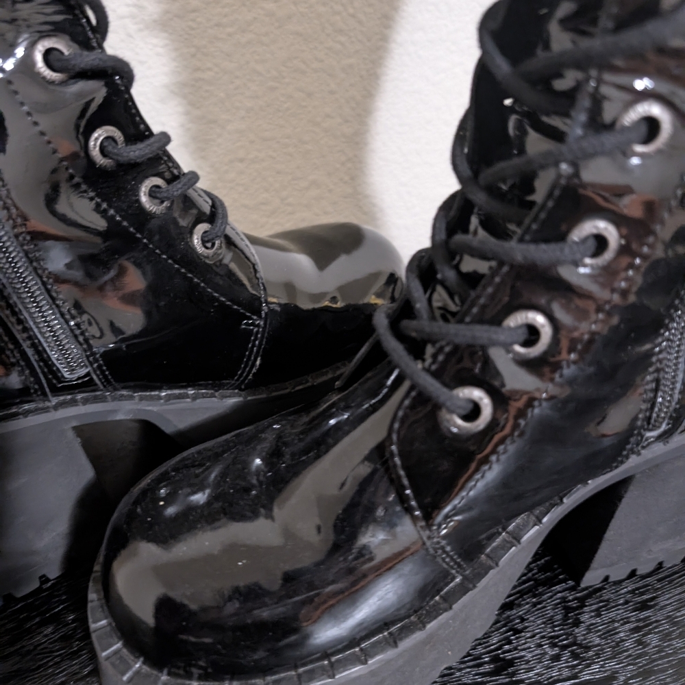 Unif Trinity Platform Black Patent Leather Lace-Up Combat Mid Calf Boot size 8 - Picture 2 of 7
